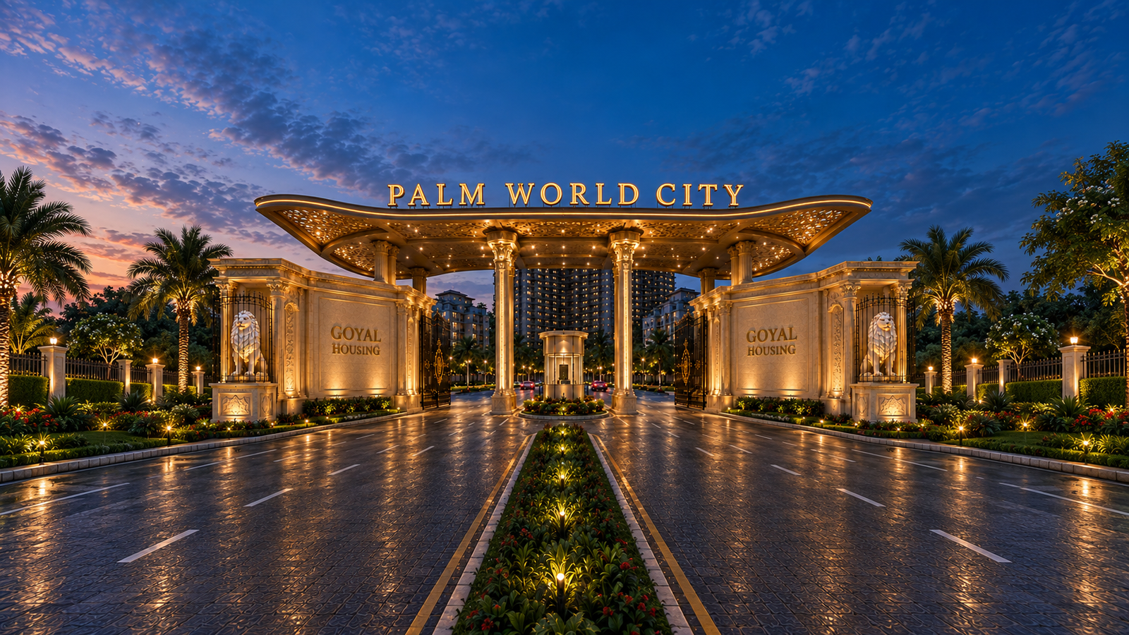 Grand entrance of Palm World City at dusk